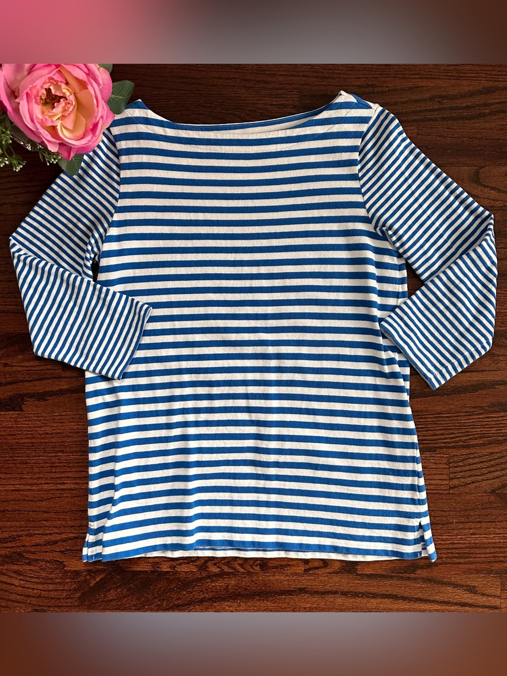 Lands’ End blue & white striped boatneck top in size S 6-8